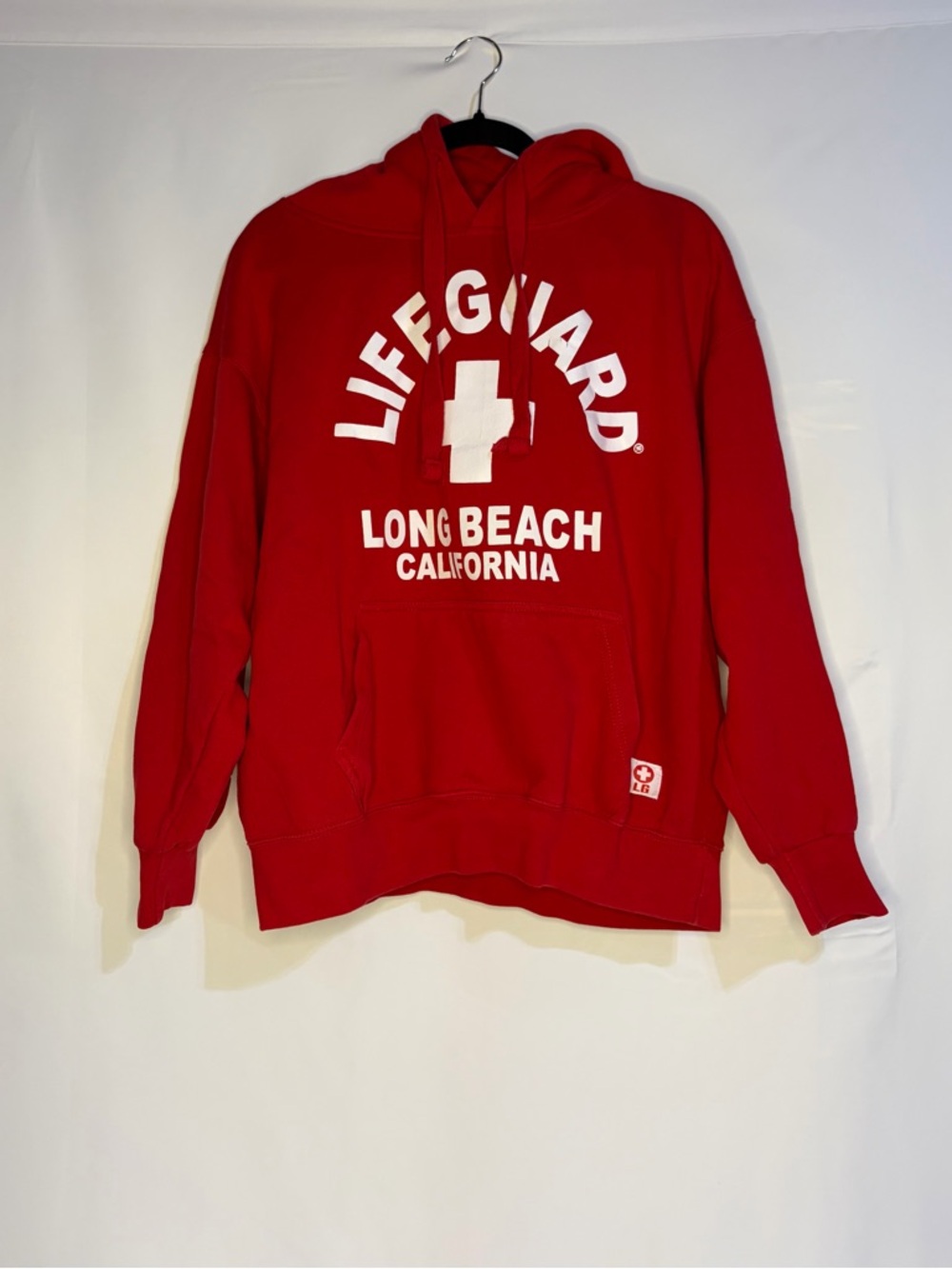 Lifeguard Long Beach California Red Hoodie Sweatshirt Graphic Spellout Large